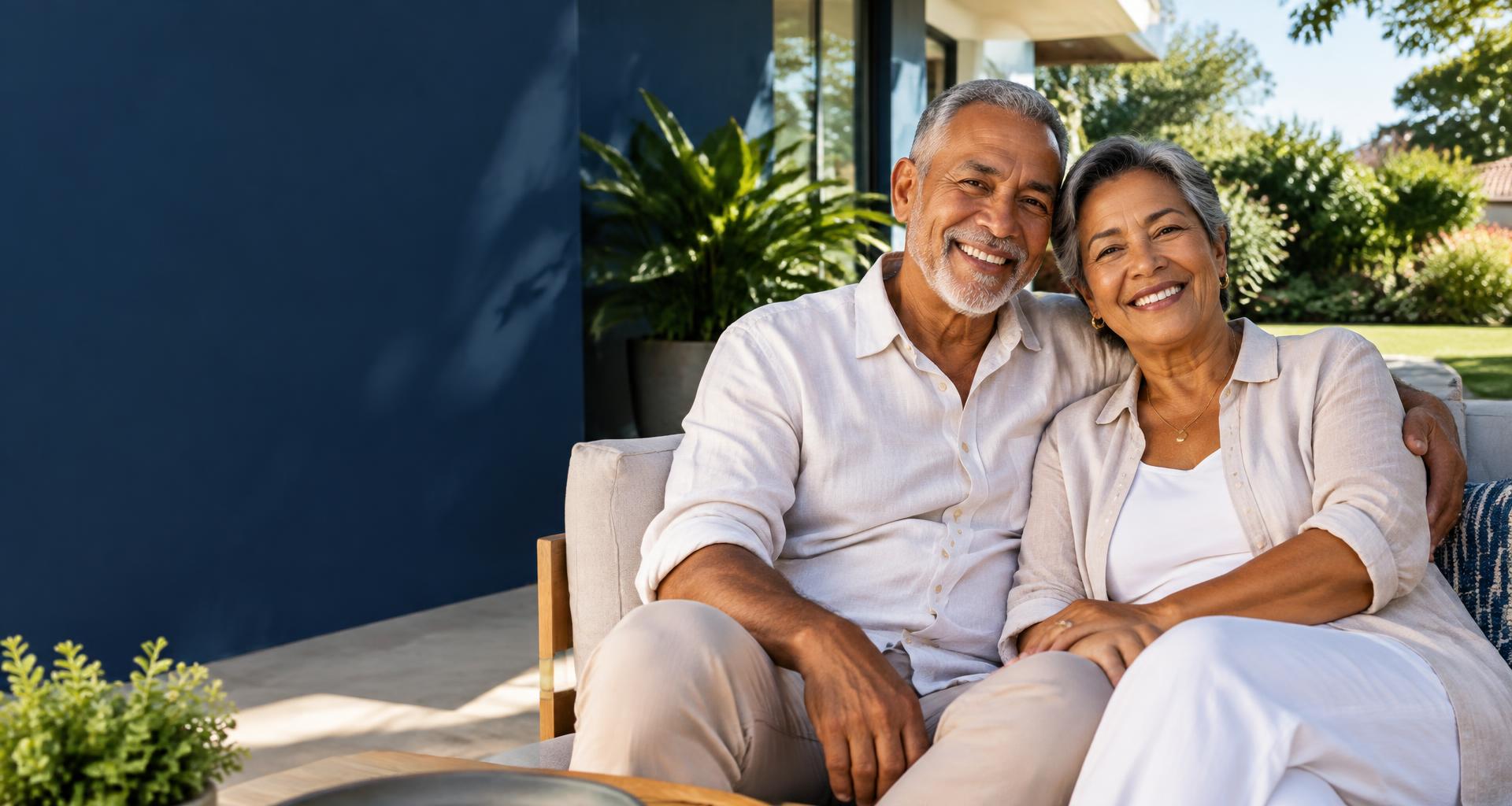 Casal de aposentados sorrindo na varanda de casa